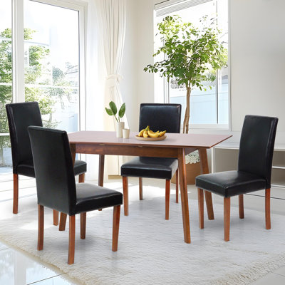5 Piece Dining Table Set, Extendable Rectangular Dining Table w 4 Classic Style Solid Wood Upholstered Chairs