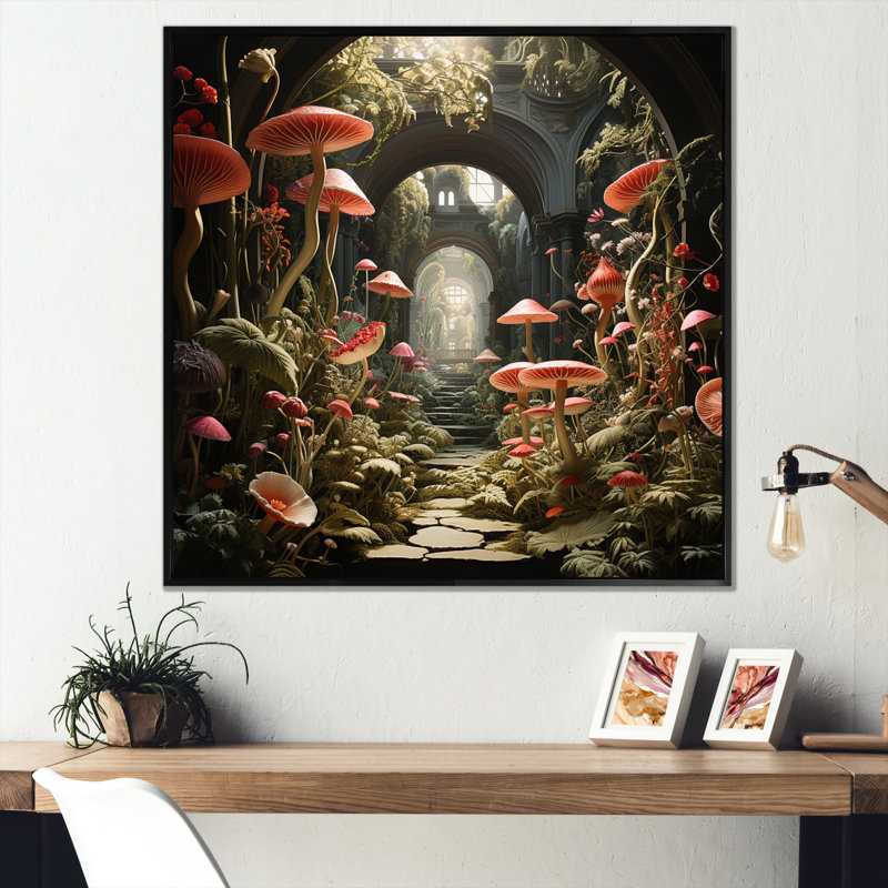 Champignon le jardin secret - imprimé, H 36 po x l 36 po x P 1,5 po, Cadre flottant noir