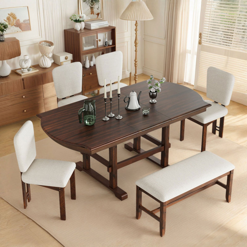 Ensemble de table de salle à manger extensible en bois 6 pièces avec chaises rembourrées et banc