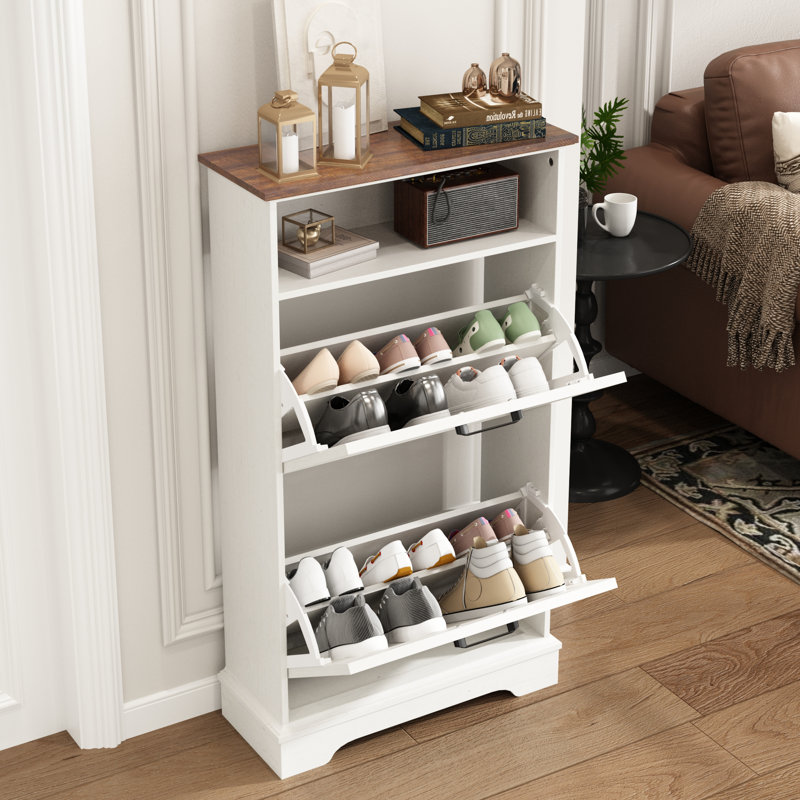 Armoire à chaussures avec 2 tiroirs rabattables, Blanc / brun