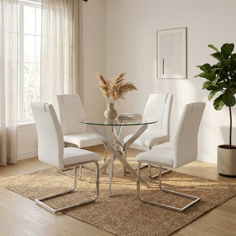 Round Dining Table, 35.5" Glass Dining Table with Silver Legs, Modern Kitchen Table for Home Kitchen, Dining Room