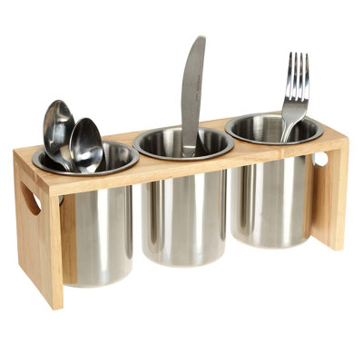 3 Pack Silverware Holder, Stainless Steel Utensil Organizer With Wood Base, Flatware Caddy For Spoons, Knives And Forks, Great For Kitchen Table, Cabinet, Pantry