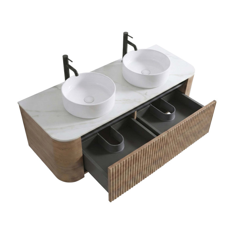 Meuble-lavabo double à conception cannelée incurvée, Chêne miel, 59" W