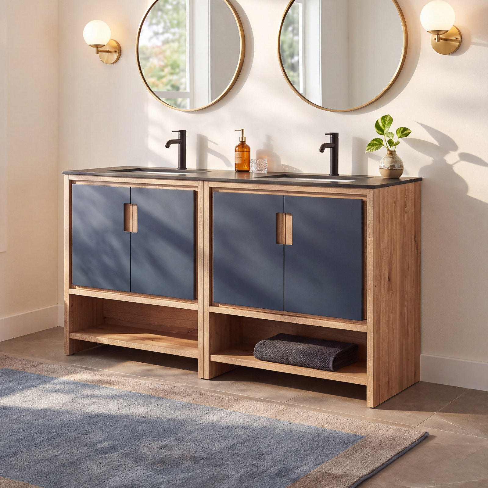 Tomesia 60" Double Bathroom Vanity, Black of Night/Maple, Black
