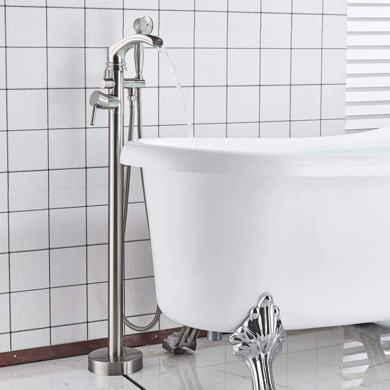 Floor Mounted Tub Filler with Diverter and Handshower, Brushed Nickel