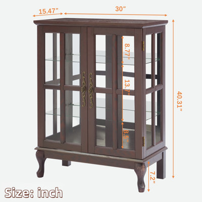 Vitrine avec portes en verre quadrillé, bande lumineuse RVB en couleur et tablettes en verre réglables en hauteur