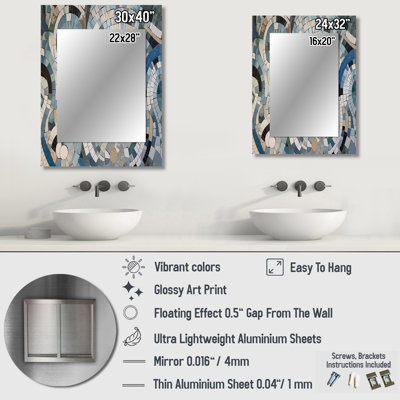 Blue And White Bohemian Medley - Boho Mosaic Wall Mirror, Modern Decorative Mirror, Printed Metal Art