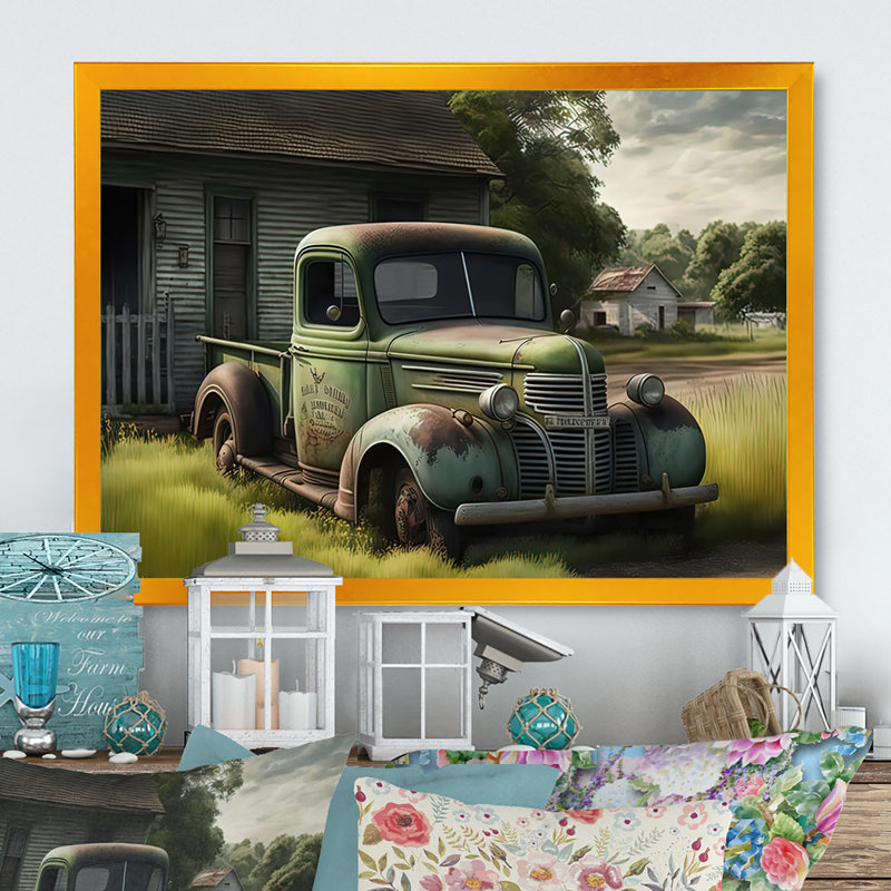 «Green Old Truck at the Barn», reproduction de cadre photo sur toile
