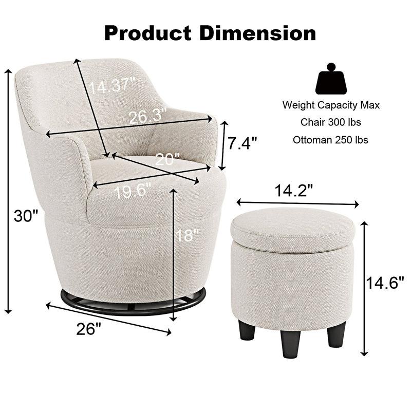 Fauteuil d'appoint pivotant moderne avec repose-pieds, Lin de coton blanc