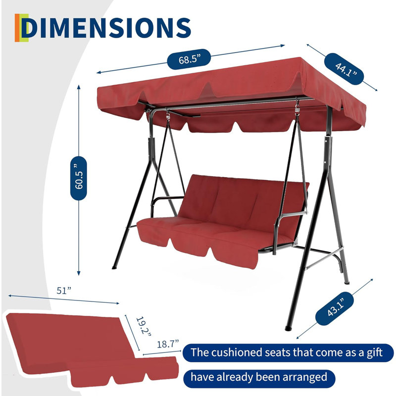 3 Seater Outdoor Swing Chair With Adjustable Canopy, Convertible Canopy Hanging Swings Glider