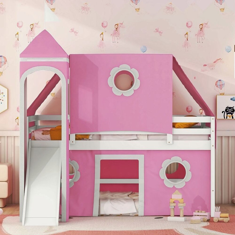 Lit mezzanine double avec tente et tour rose Slide