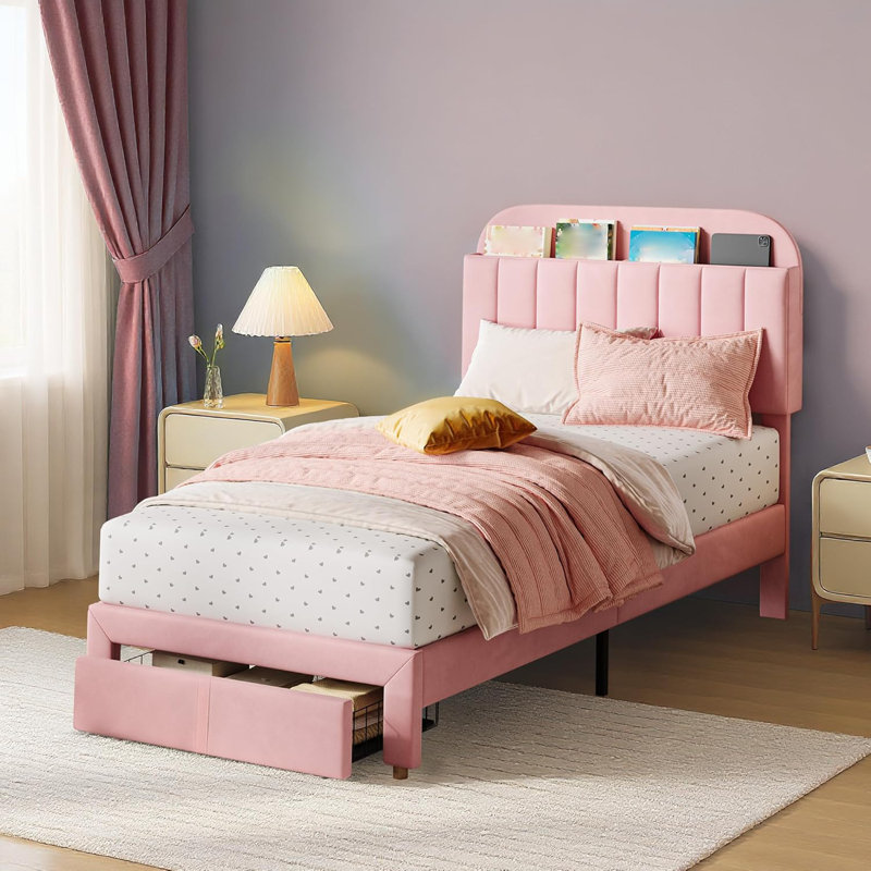 Twin Upholstered Platform Bed for Kids with Bookcase Headboard and Storage Drawer, Noise-Free Bed Frame for Boys and Girls