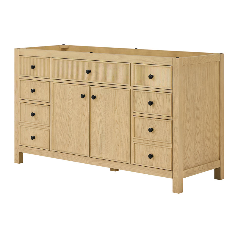 Meuble-lavabo simple 60 po Rian en chêne scandinave, sans comptoir, sans lavabo, garniture noir mat