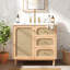 Meuble-lavabo moderne Driftwood de 91 cm de large avec lavabo en résine SMC, portes incrustées en rotin et rangements multizones pour une salle de bain digne d'un spa.