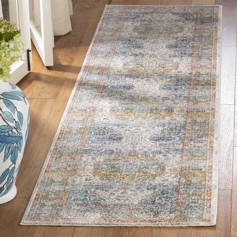 Tapis beige / bleu Presswood, Tapis de couloir 2 pi 2 po x 12 pi