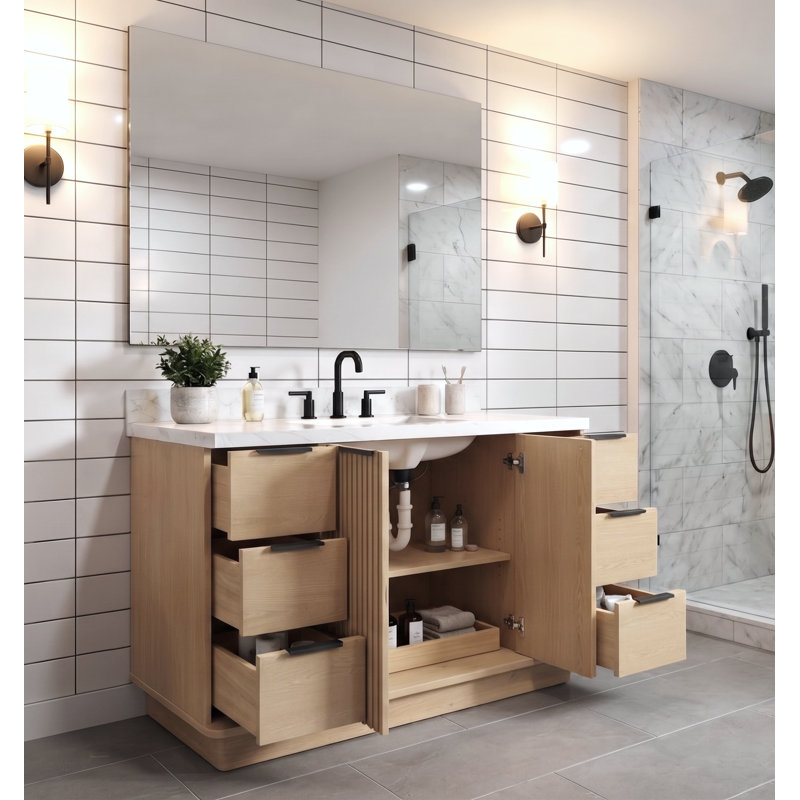 Meuble-lavabo cannelé 48 po avec comptoir en quartz et lavabo en porcelaine - naturel, 48", Natural