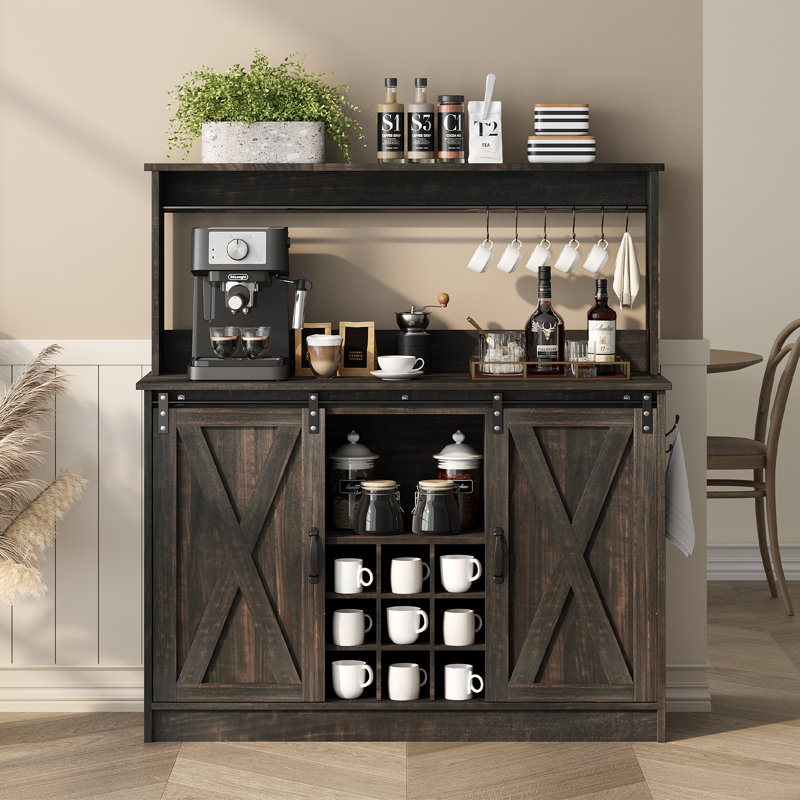 Abrianna Bar Cabinet,Farmhouse Coffee Bar Cabinet with 6 Hooks, 47'' Kitchen Coffee Bar with Hutch and 9 Wink Racks, Oak