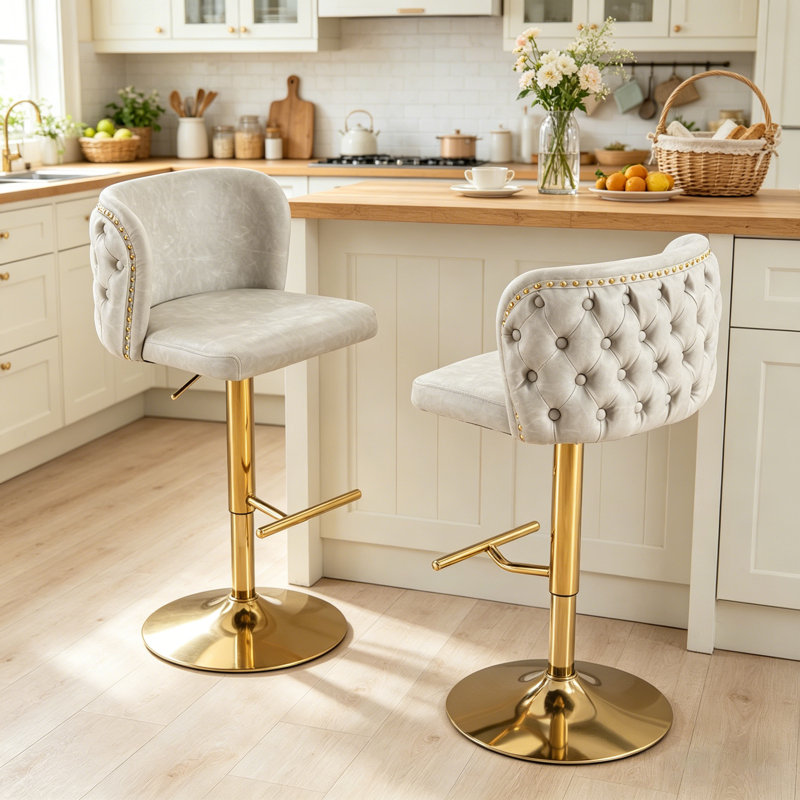 Tabourets de bar pivotants rembourrés en polyuréthane moderne avec hauteur réglable et dossier capitonné, parfaits pour les pubs et les îlots de cuisine