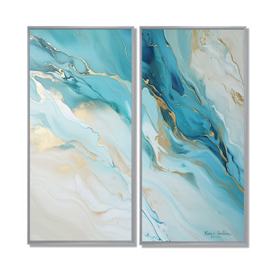 Teal And Gold Glacier Charm Liquid Art - Country Art Prints On Canvas 2-Panels