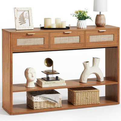 48" Boho Rattan Console Table With 3 Drawers, 3 Tier Wooden Entryway Table With Open Storage Shelf, Narrow Long Behind Couch Sofa Tables For Living Ro by Dakota Fields