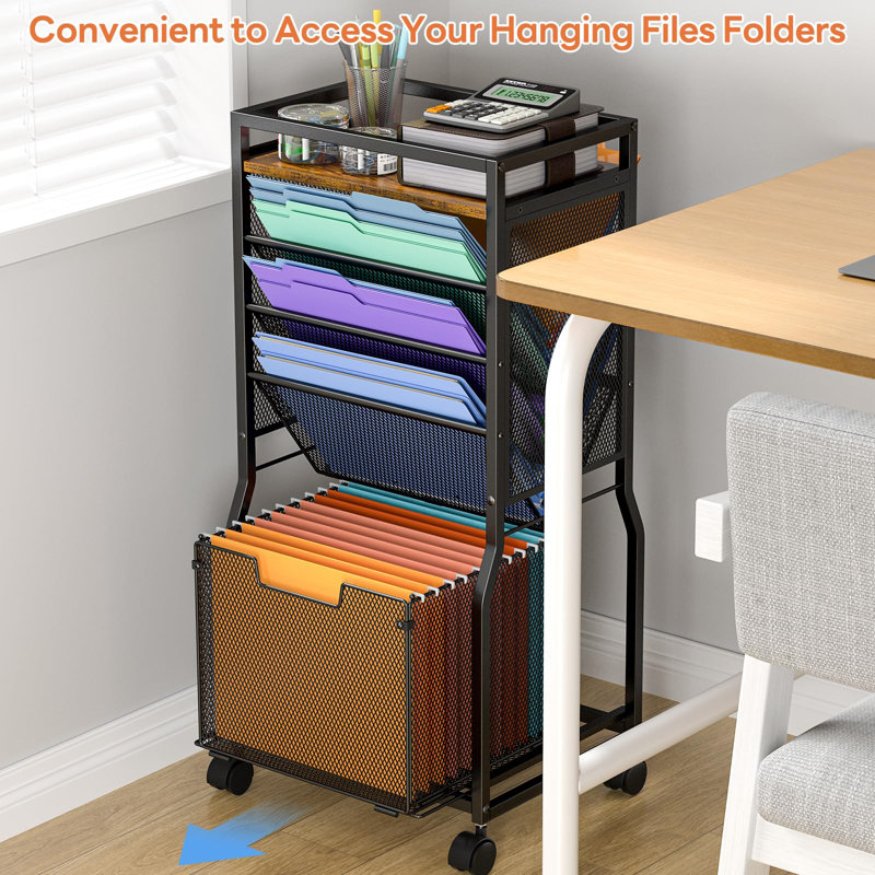 8-Tier Rolling File Cart with Hanging File Folders & 2-Sided Bookcase for Office/Home Organization