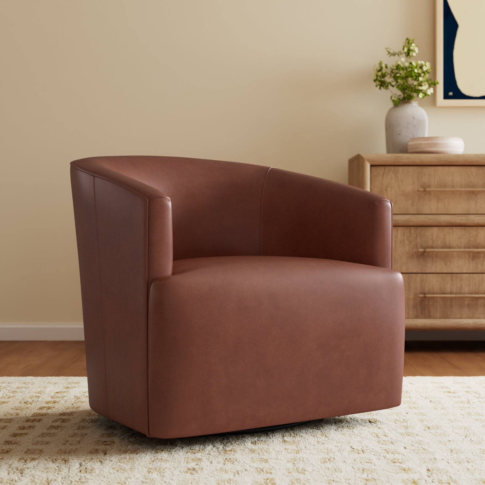 Winslow Genuine Leather Swivel Barrel Chair, Vintage Brown Top Grain Genuine Leather