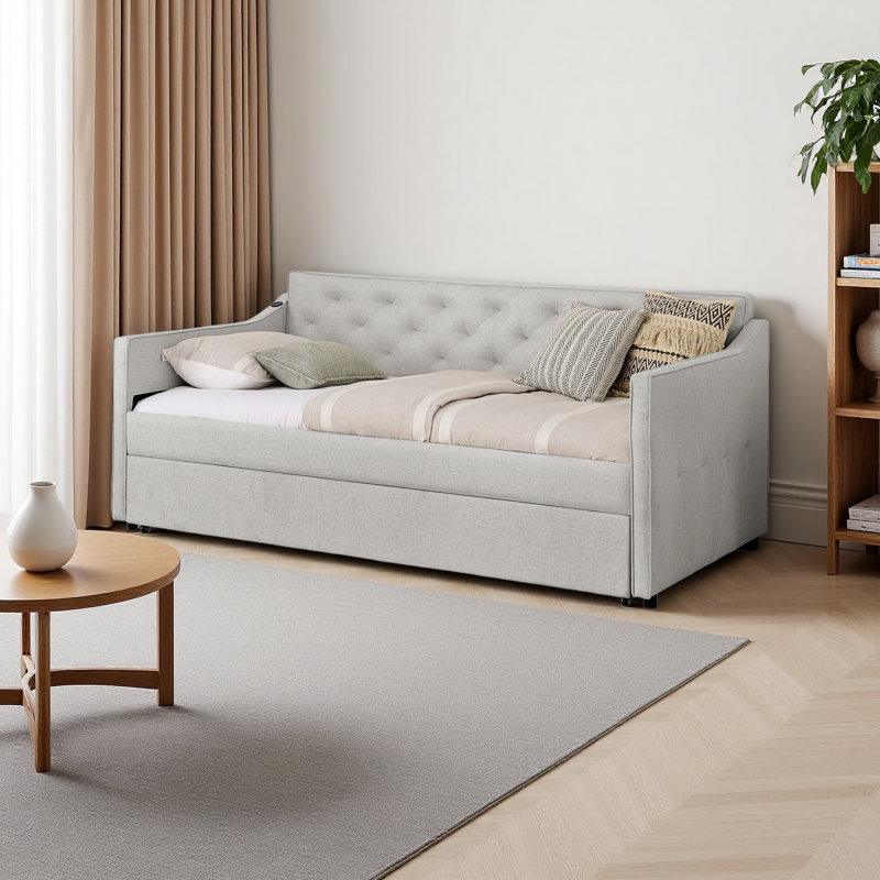Twin Size Upholstery Daybed With Twin Size Pop-Up Trundle And USB Charging Design