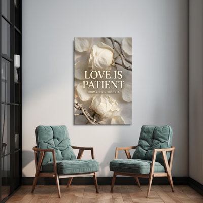 Tableau sur toile « L'amour est patient », style vitrail, 61 x 91 cm, impression sur châssis, motif floral religieux blanc et vert, idéal pour le salon, la chambre et la salle de prière.