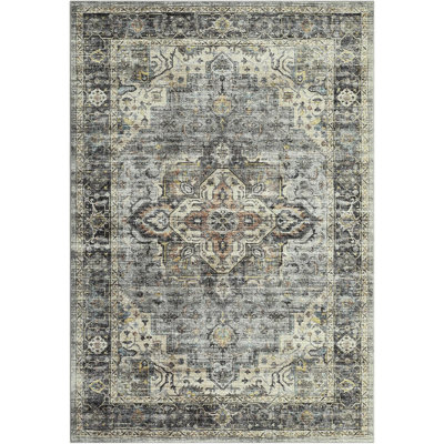 Vintage 5x7 Area Rug, Washable, Large, Distressed, Non-Slip, Non-Shedding, Low Pile, Living Room, Bedroom, Dining Room, Green.