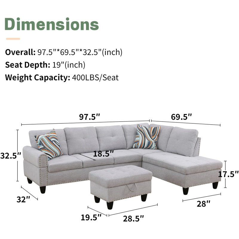 Canapé modulaire 3 pièces, Lin blanc gris, Orienté à droite