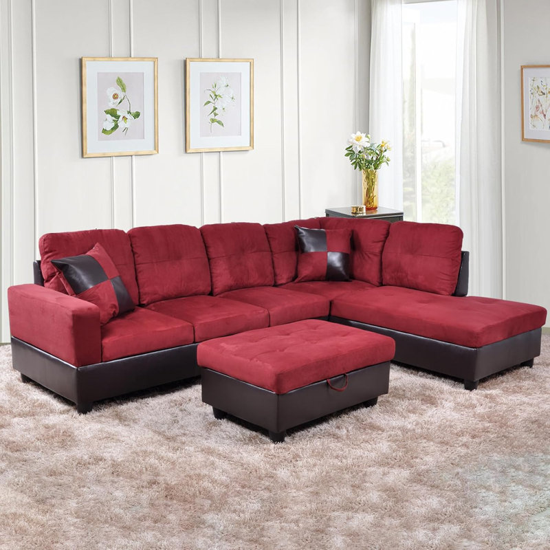 103.5" Upholstered L-Shaped Living Room Sectional, Right Hand Facing, Red Microfiber