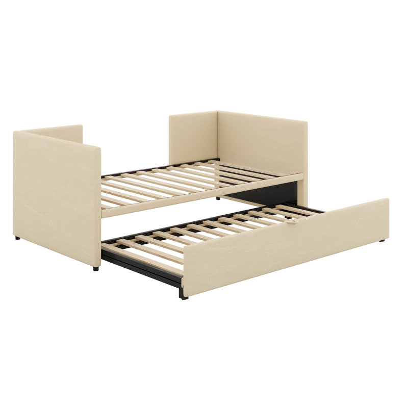 Lit de jour simple rembourré avec couchette escamotable, structure de lit de jour simple en velours avec lit gigogne, Beige