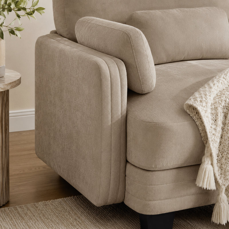 Canapé d'angle 3 places Channell en forme de L, capitonné, avec pouf amovible, style moderne et minimaliste, revêtement en chenille, mousse haute résilience, assise matelassée