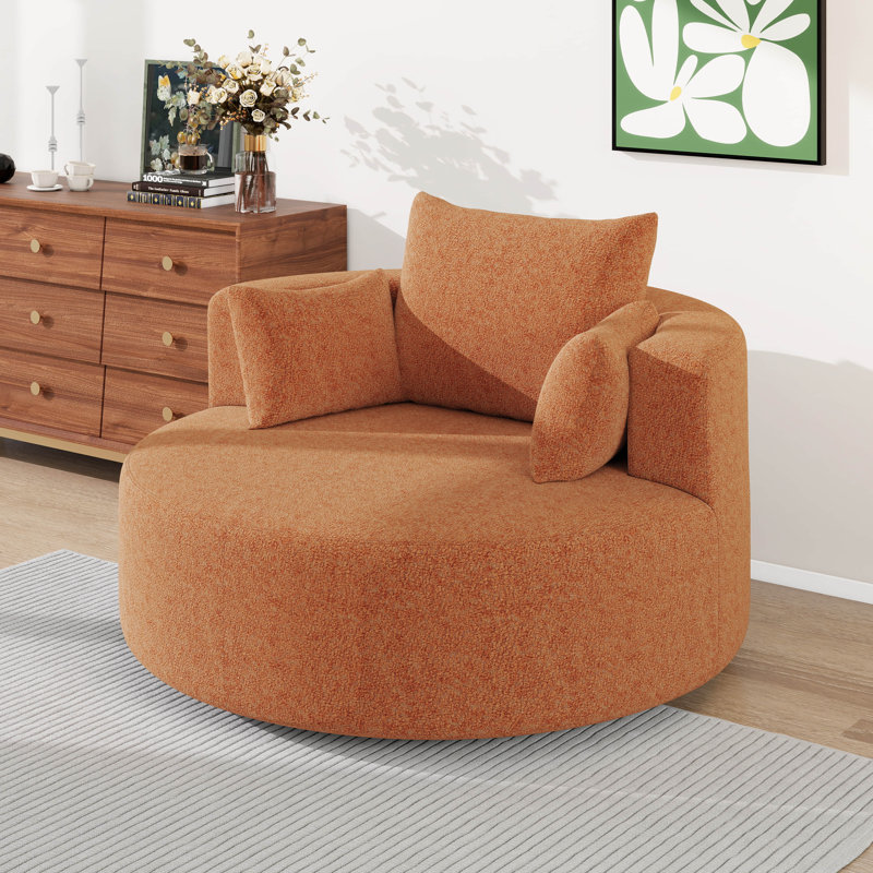 Fauteuil pivotant désossé à 360 °, fauteuil demi-tonneau en tissu chenille, fauteuil pivotant rond avec 3 coussins amovibles