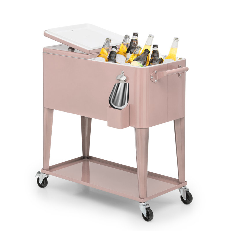 Outdoor 80 Qt Rolling Cooler Cart, with Bottle Opener + Storage Shelf Camping Beverage Ice Chest, Pink