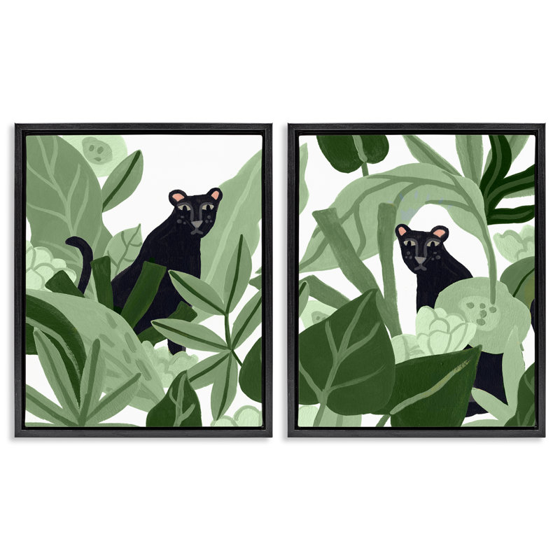  Ensemble de 2 toiles flottantes Panthers Parmi Tropiques par June Erica Vess, H 31 po x l 25 po, Cadre flottant noir de jais