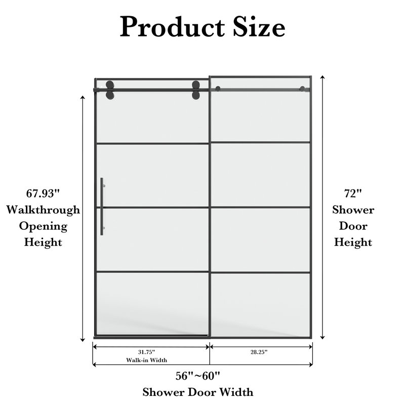 Porte de douche coulissante simple encadrée de 56 à 60 po x 72 po en noir mat avec verre trempé de 8 mm