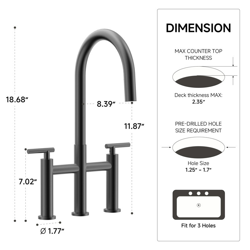 Bridge Kitchen Faucet with Hidden Pull Down Sprayer, 3 Hole 8 Inch Kitchen Sink Faucet, Solid Brass, Matte Black, Matte Black