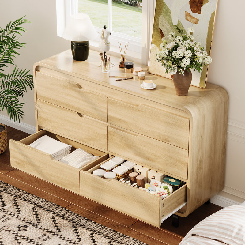 6-Drawer Dresser for Bedroom, Large Wood Storage Chest, Modern Handleless Cabinet for Living Room, Tan