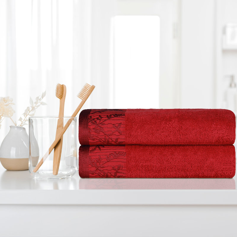 Carinna Cotton Medium Weight Floral Jacquard Border Assorted Bathroom Towel Set, Garnet, Bath Towels - 2 Pack