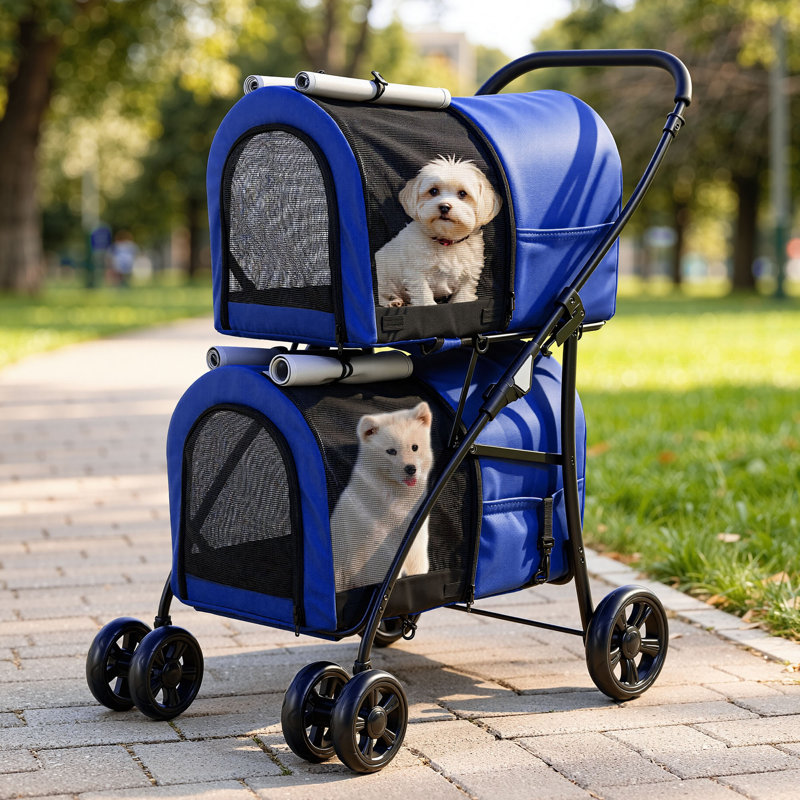Balconera Double-Decker Dog Stroller, Pet Buggy, Capacity Up To 30Kg, Foldable Dog Carrier With Mesh Windows, Blue