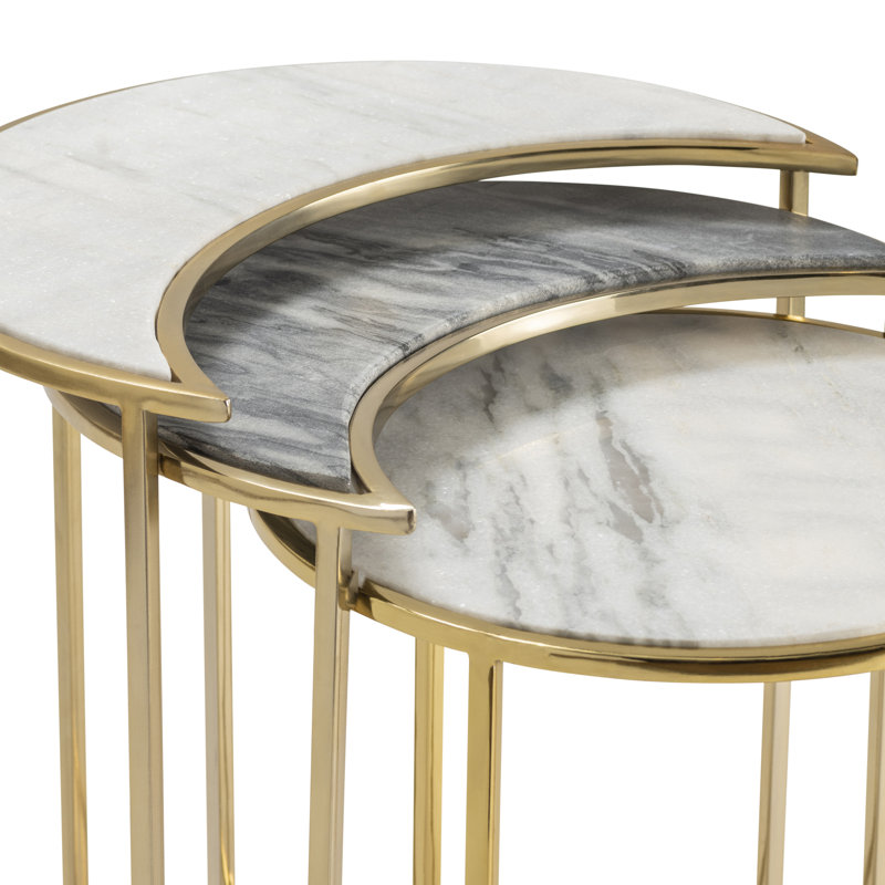 3 Piece white with gray veining marble Topped Accent_Nesting Tables Set with Gold Metal Legs