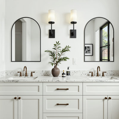 Easy To Install Tempered Glass Arched Black Frame Bathroom Mirror 2 Sets