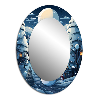 Bonhomme de neige givré bleu et blanc II - grand miroir mural ovale sur métal