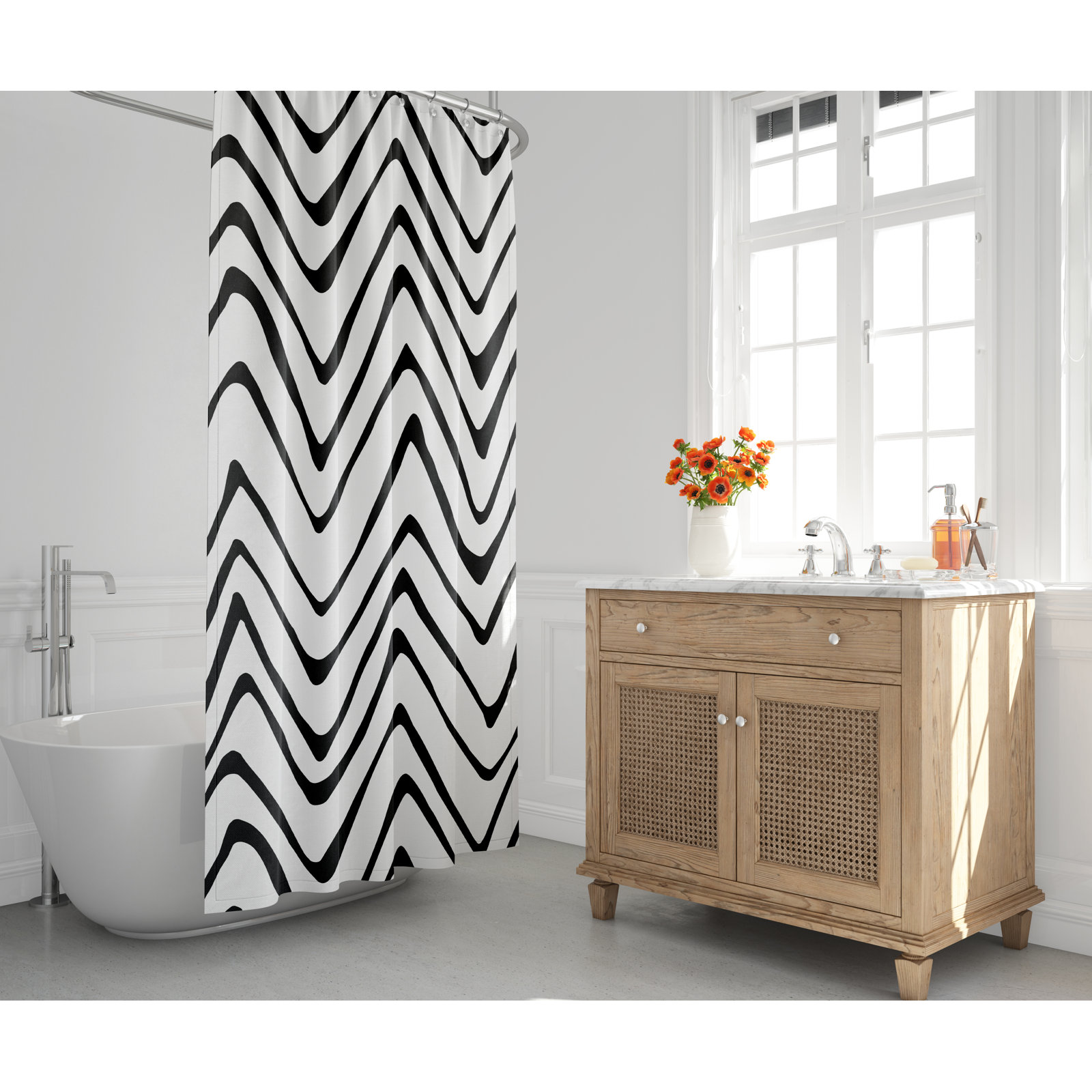 Polyester Shower Curtain, White/Black