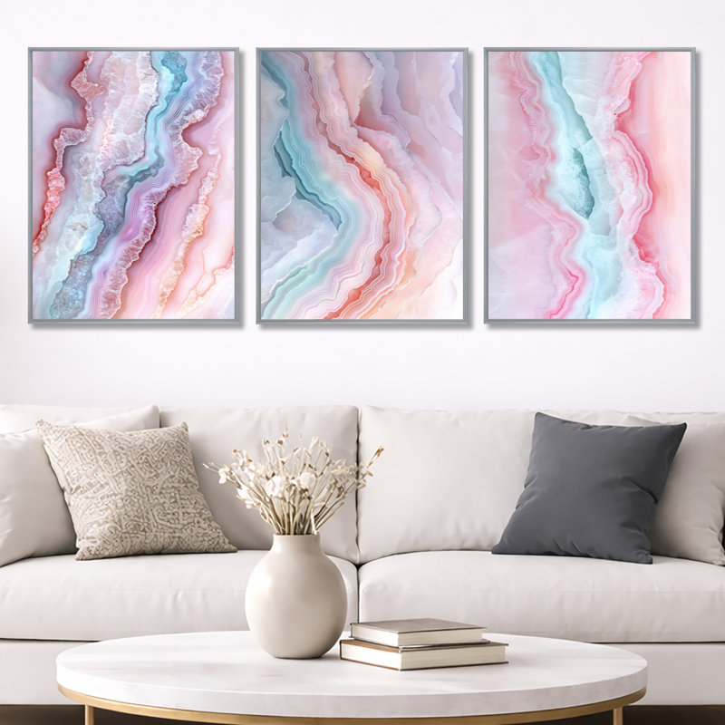 Agate Dream River I - Pink Geode, art mural encadré 3 pièces, Encadrement argenté, H 32 po x l 72 po