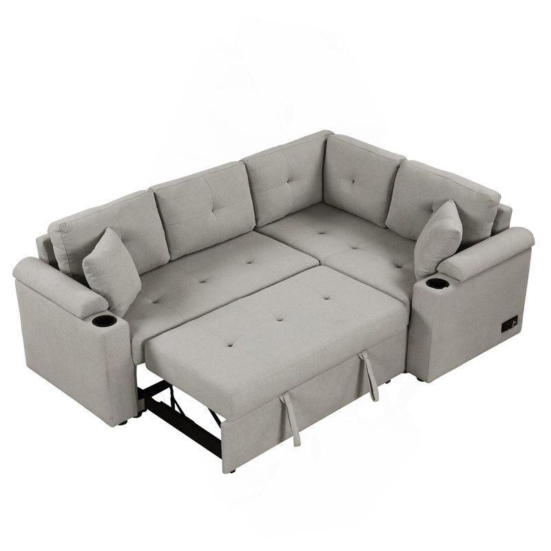 83" L-Shape Sofa Bed Pull-Out Sleeper Sofa With Wheels, Gray Boucle