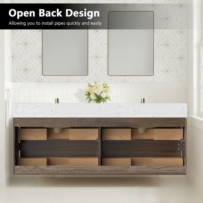 Tiberiu Floating Bathroom Vanity With Sink, Antique Oak, 72"