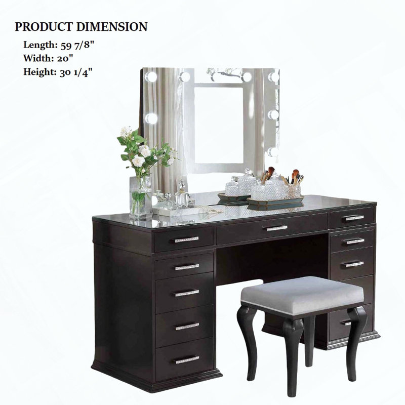 Glam Style Vanity with Padded Stool Set, Glass Top, Storage Drawers and LED Mirror