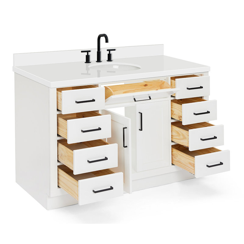 Meuble-lavabo simple en bois massif 54 po avec lavabo à quartz blanc 1,5 po Thornaby, Blanc / noir mat, Ovale